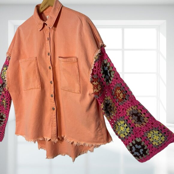 POL Patchwork Crochet Sleeve Denim Shacket | Bohemian Frayed Oversized Jacket M - Picture 4 of 13